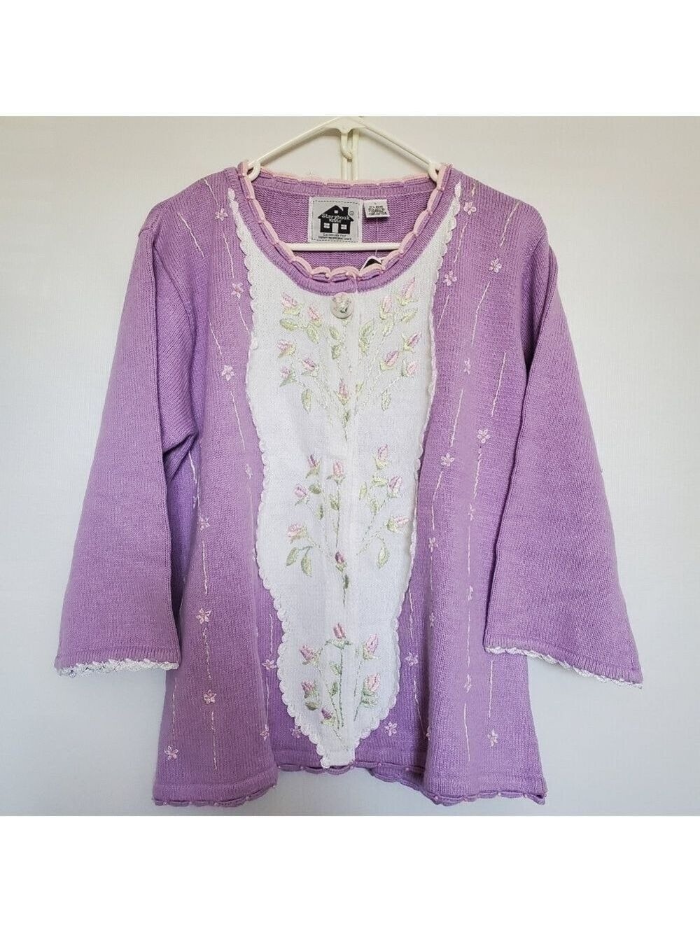 STORYBOOK KNITS SWEATER 'ROSEBUDS' HAND LOOMED PURPLE FLORAL DESIGN ( L )